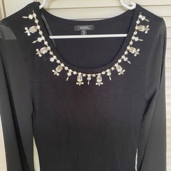 Xoxo Bell Sleeve Embellished Neck Sweater Dress - Picture 3 of 11